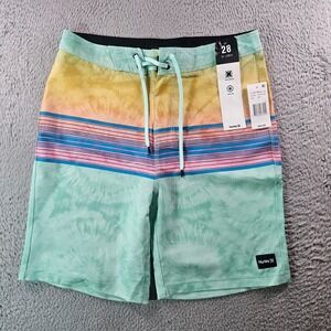 NWT Hurley Board Shorts Swim‎ Trunks Men 28 No Liner Green Yellow Blue Striped